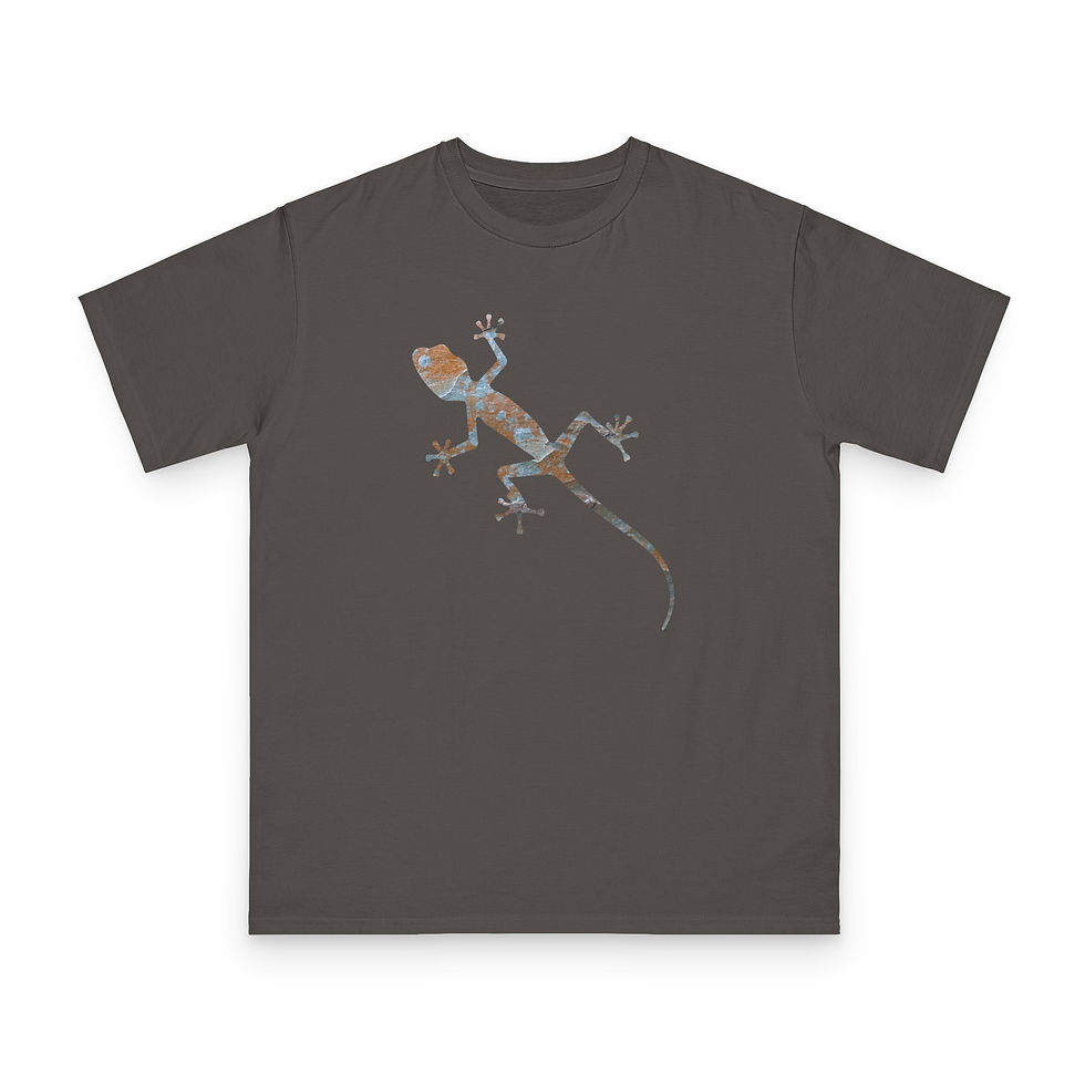 Thumbnail: organic cotton unisex adult t-shirt with adorable gecko graphic coloured by an unfiltered photo of nature