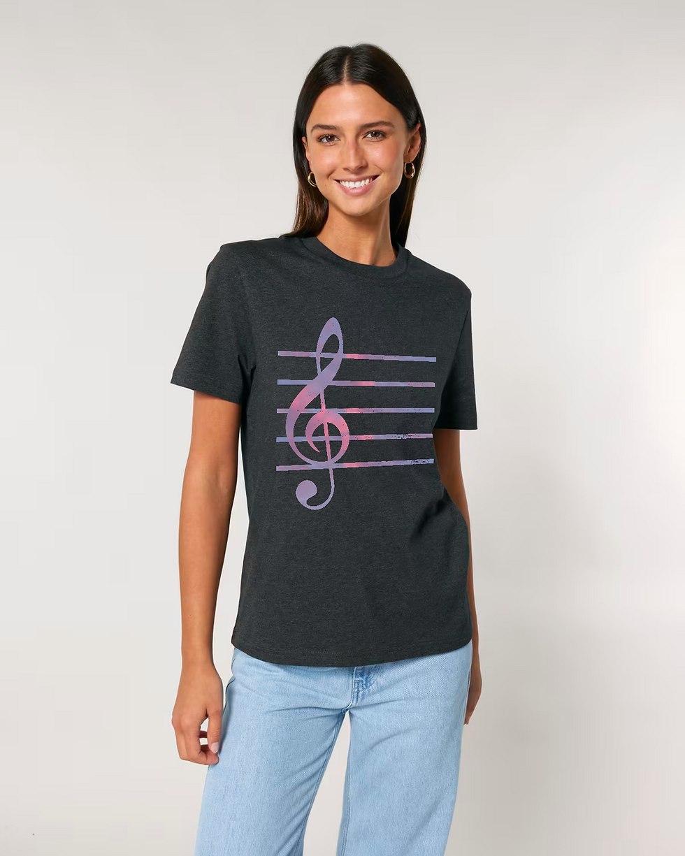 organic cotton adult t-shirt with treble clef music graphic by Nat-Ts