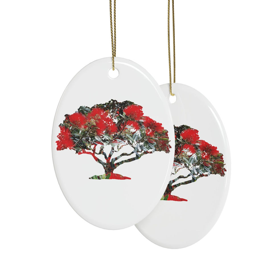 Thumbnail: eco-friendly ceramic hanging ornaments with a pohutukawa tree kiwi summer graphic by Nat-Ts