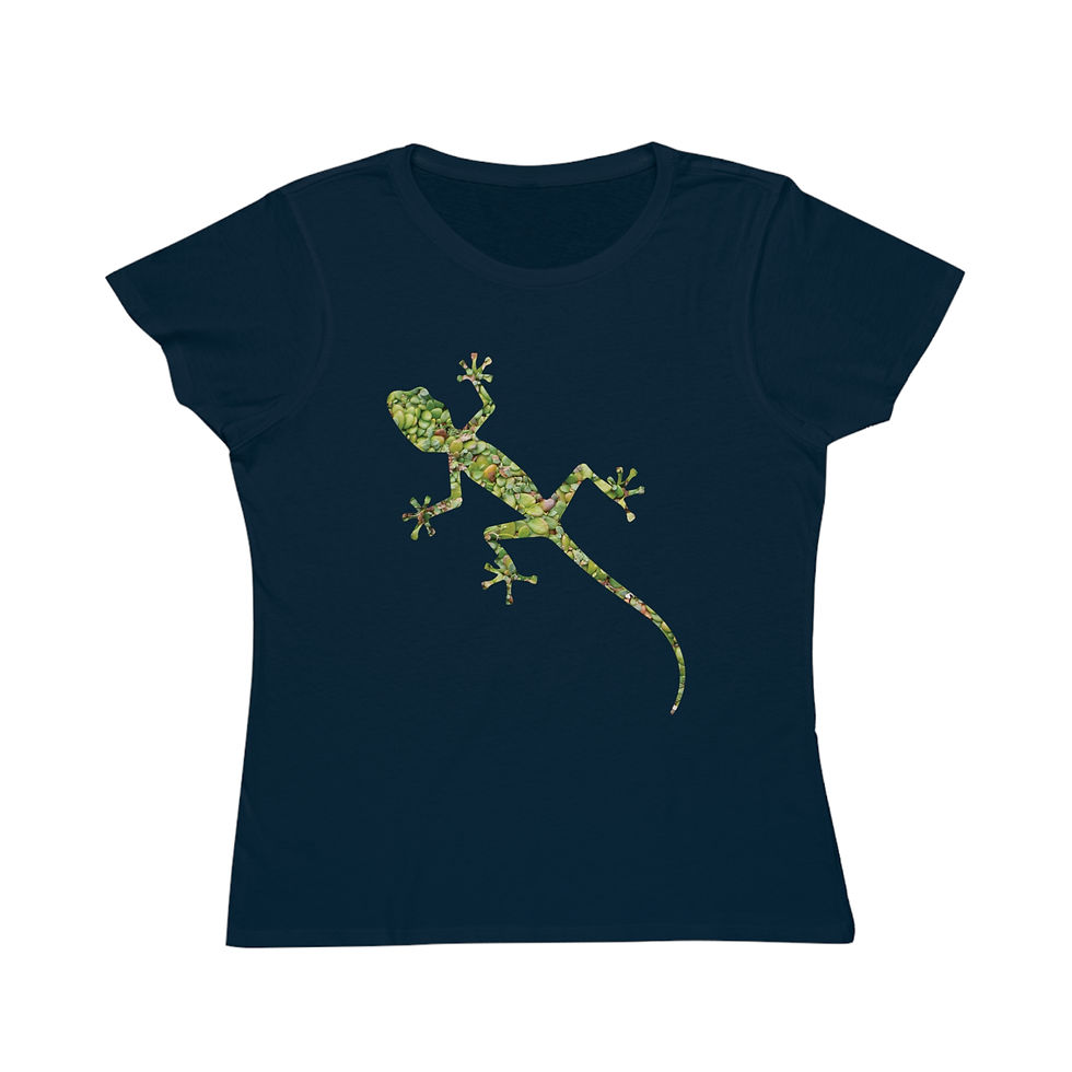 Thumbnail: organic cotton women's t-shirt with Nat-Ts' adorable gecko graphic coloured by a photo of nature