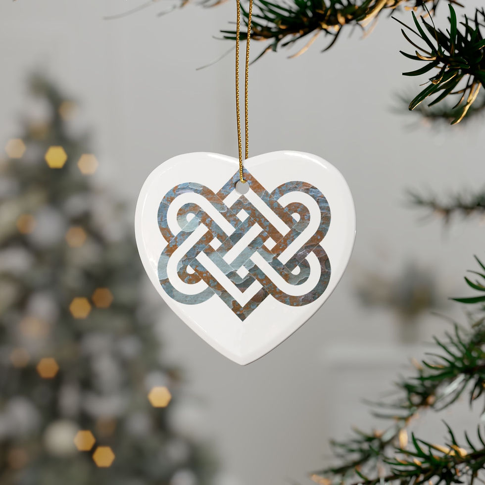 Thumbnail: eco-friendly ceramic hanging ornaments with a Celtic-inspired knot of entwined hearts, by Nat-Ts