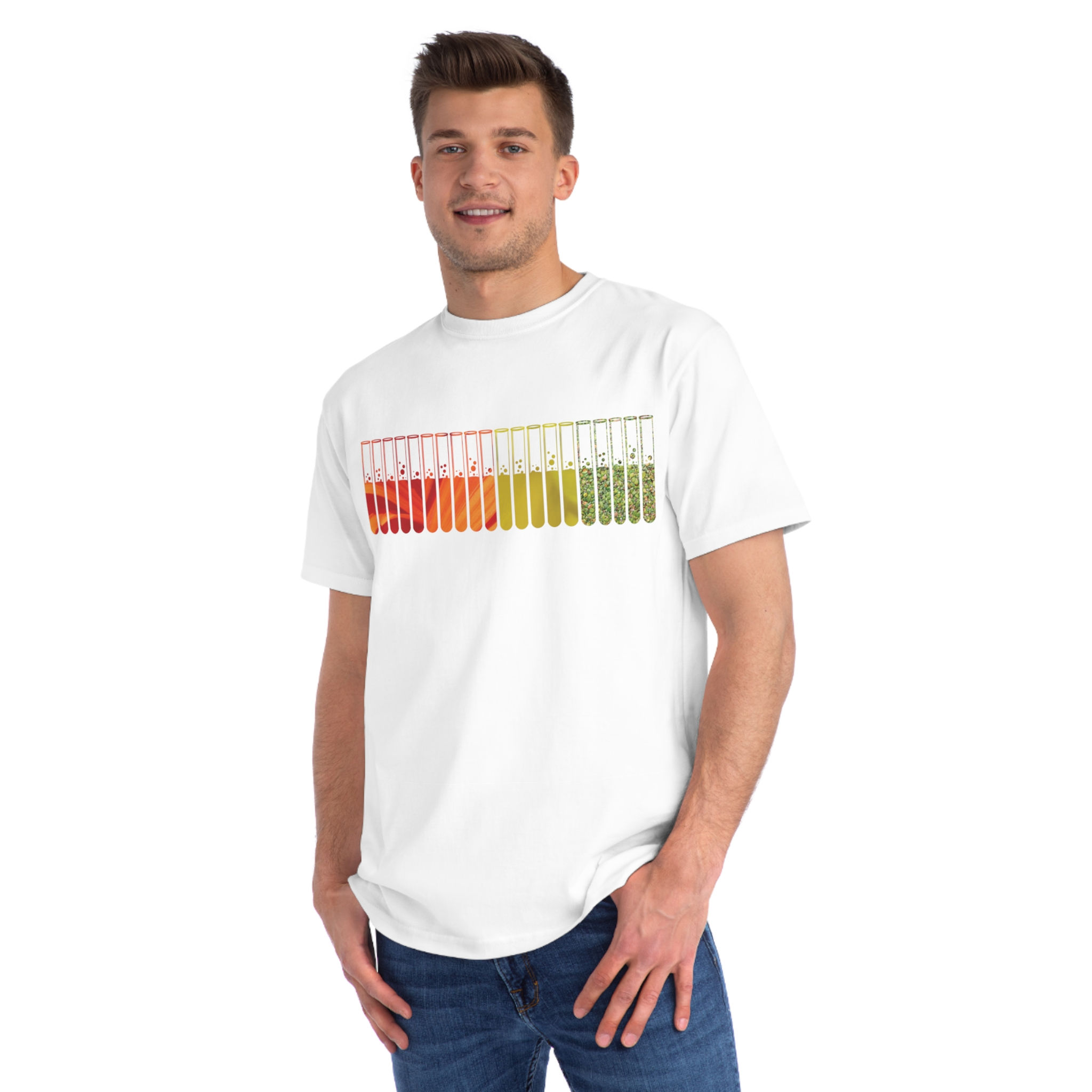 organic cotton adult unisex t-shirt with original test tubes graphic coloured by photos of nature