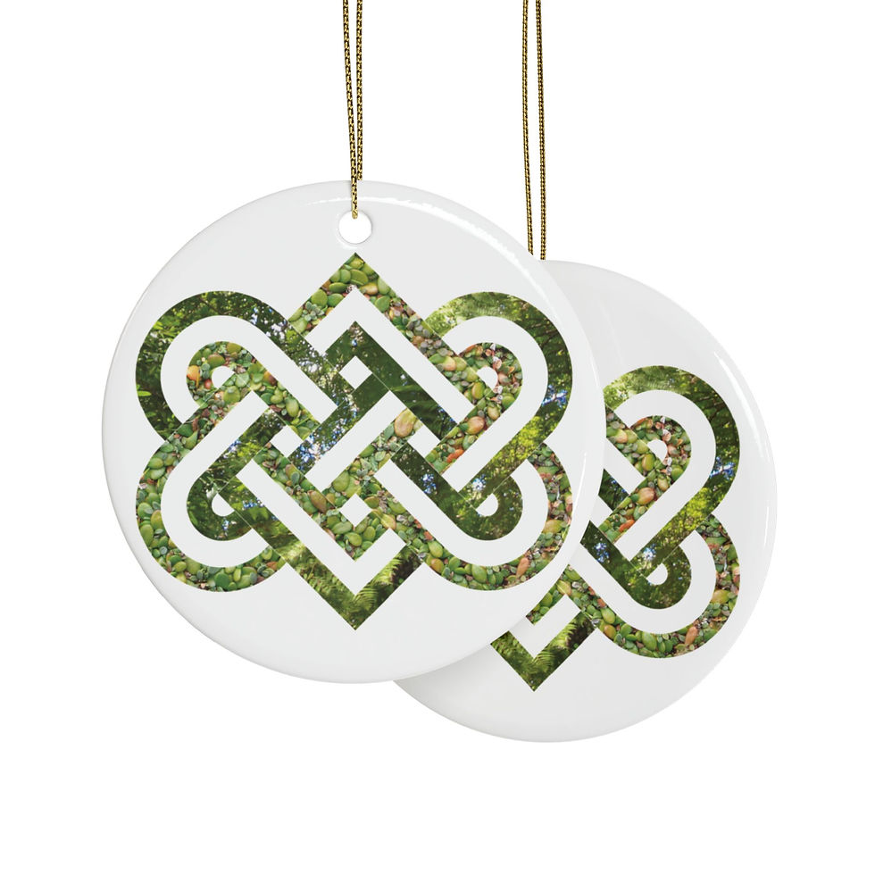 Thumbnail: eco-friendly ceramic hanging ornaments with a Celtic-inspired knot of entwined hearts, by Nat-Ts