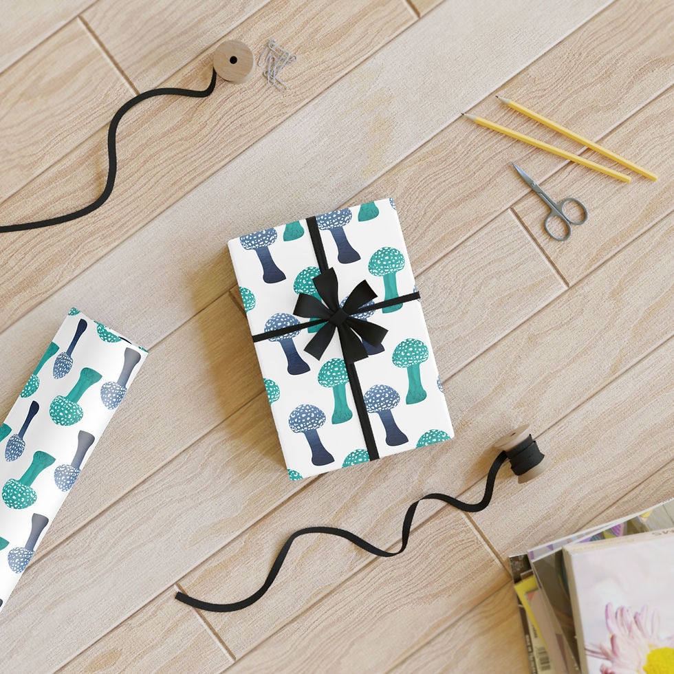 Thumbnail: sustainably-sourced premium gift wrapping paper with vibrant toadstool graphics coloured by photos of nature