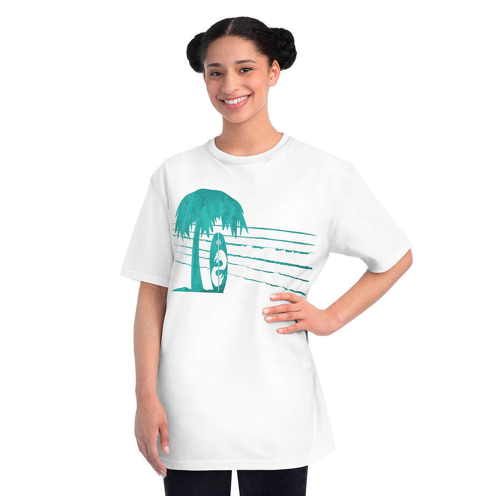 Thumbnail: organic cotton unisex adult t-shirt with tropical summer surfboard graphic coloured by a photo of nature