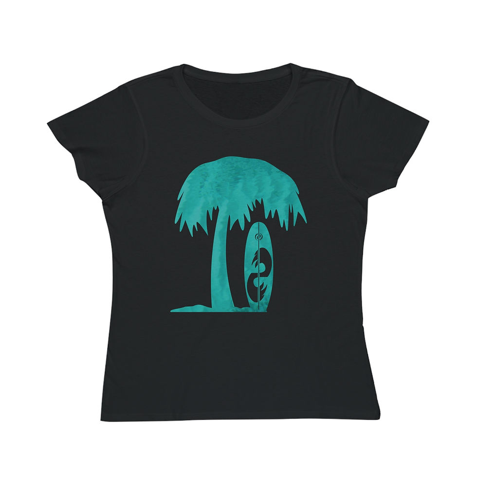 Thumbnail: organic cotton women's t-shirt with tropical summer surfboard graphic coloured by a photo of nature