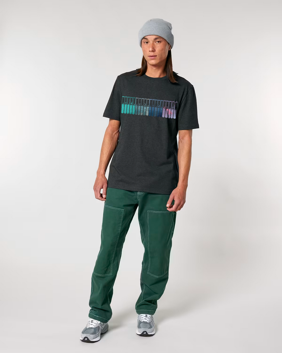 Thumbnail: Organic cotton adult t-shirt with test tubes science graphic coloured by photos of nature