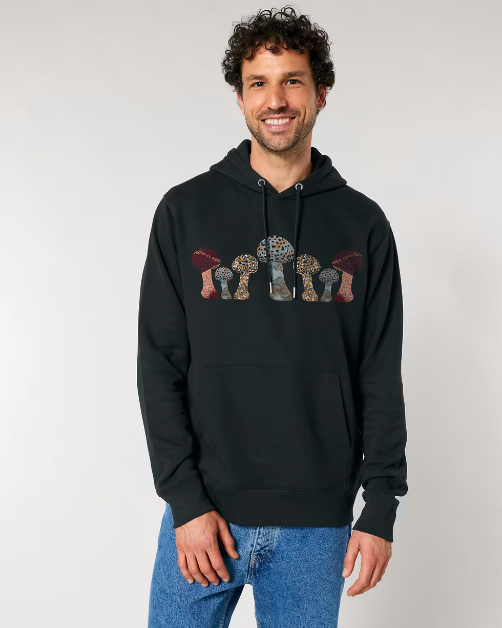 Thumbnail: Organic cotton adult hoodie with unique toadstool graphic coloured by photos of nature