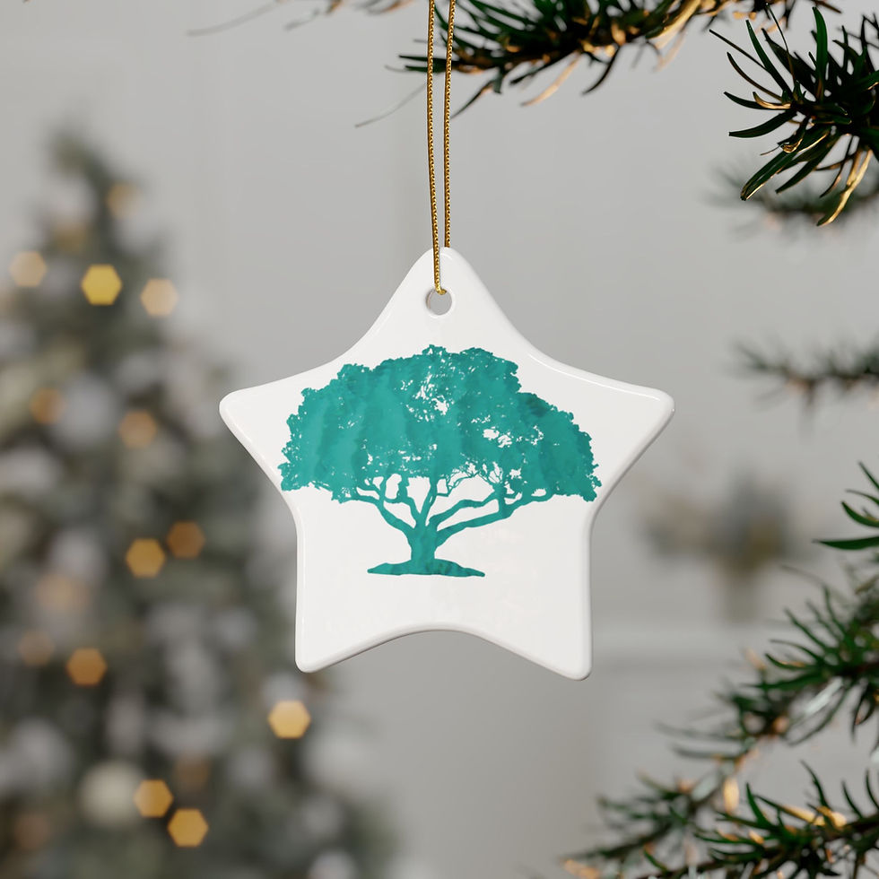 Thumbnail: eco-friendly ceramic hanging ornaments with a tree graphic coloured by a photo of a Mediterranean lagoon, by Nat-Ts