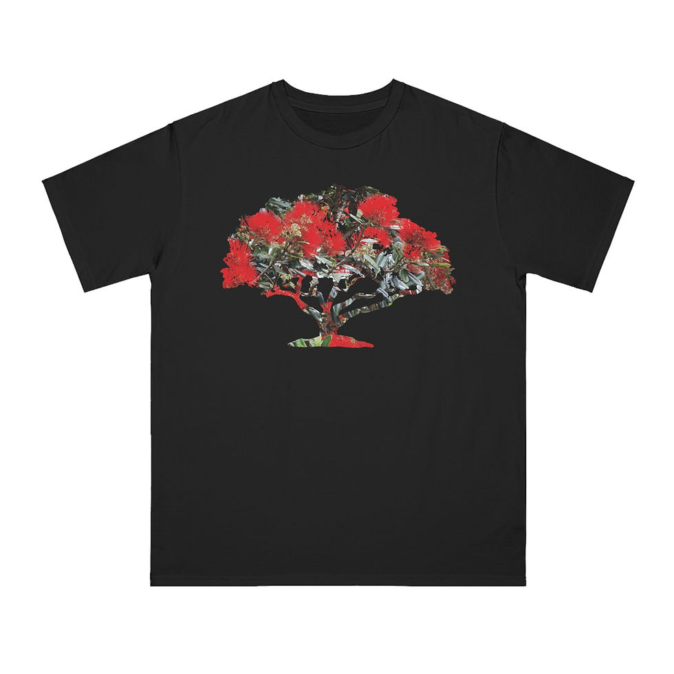 Thumbnail: organic cotton adult t-shirt with unique pohutukawa tree graphic coloured by a photo of nature