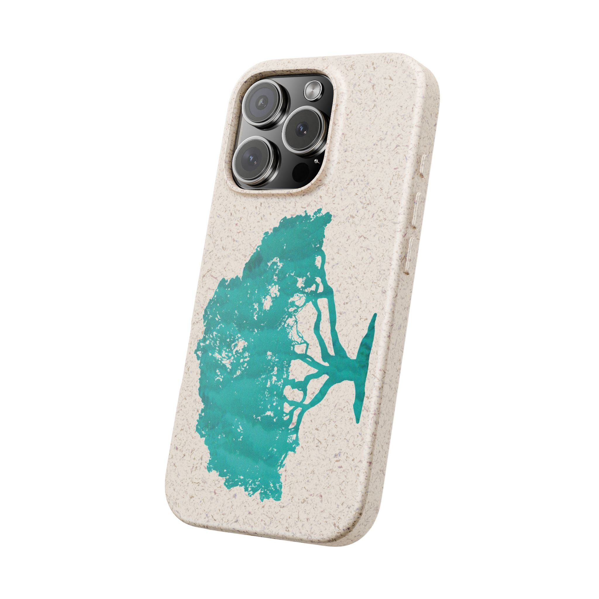 biodegradable plastic-free phone case with graphic of a tree coloured by a real photo of a Mediterranean lagoon
