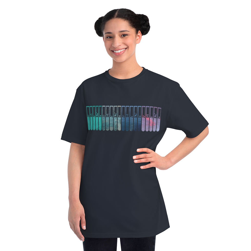 Thumbnail: organic cotton adult unisex t-shirt with original test tubes graphic coloured by photos of nature