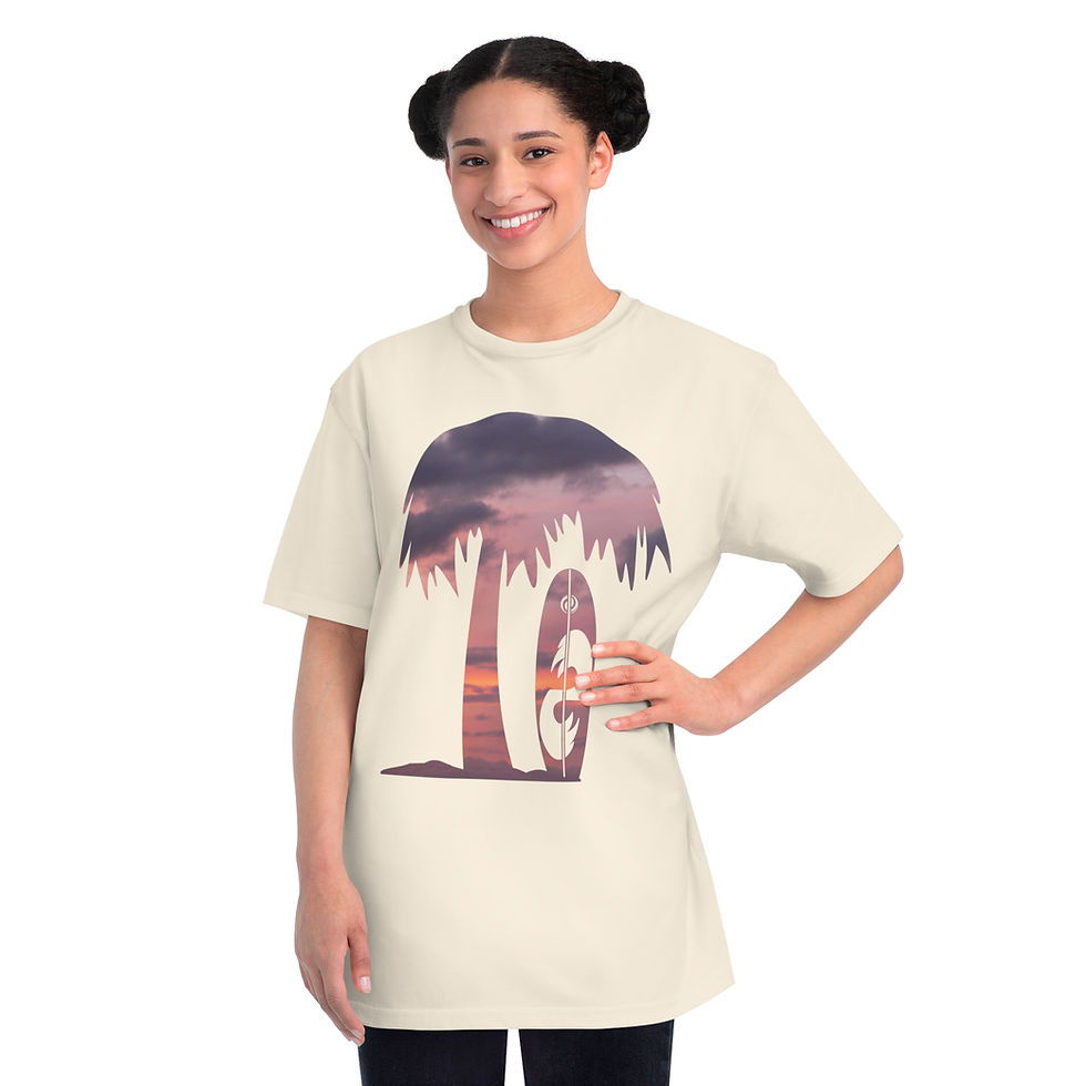 Thumbnail: organic cotton unisex adult t-shirt with tropical summer surfboard graphic coloured by a photo of nature