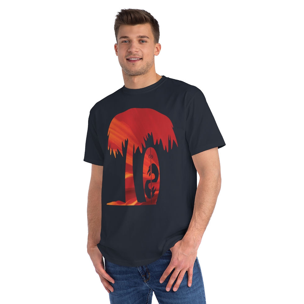 organic adult unisex t shirt with surfboard and palm tree design by Nat-Ts