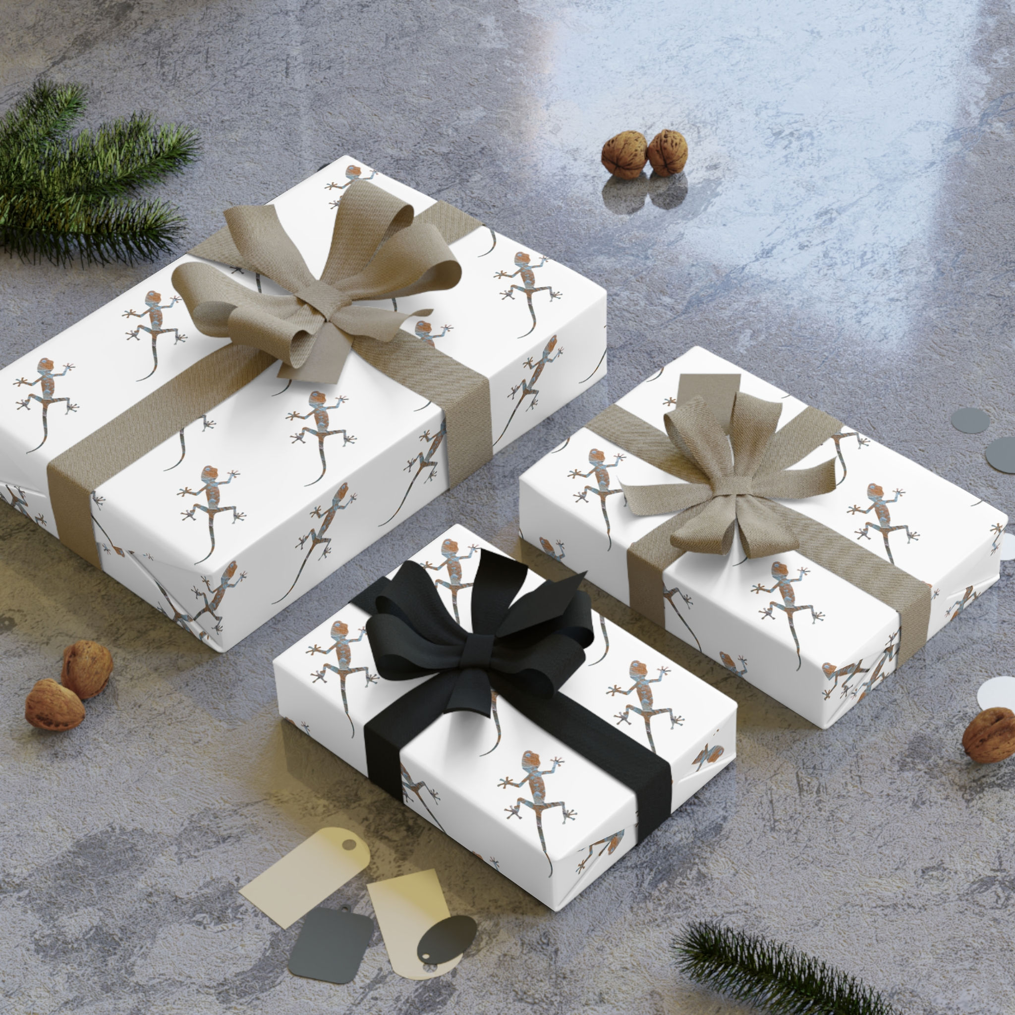 sustainably sourced premium gift wrap with Nat-Ts' adorable gecko graphic coloured by a real photo of nature