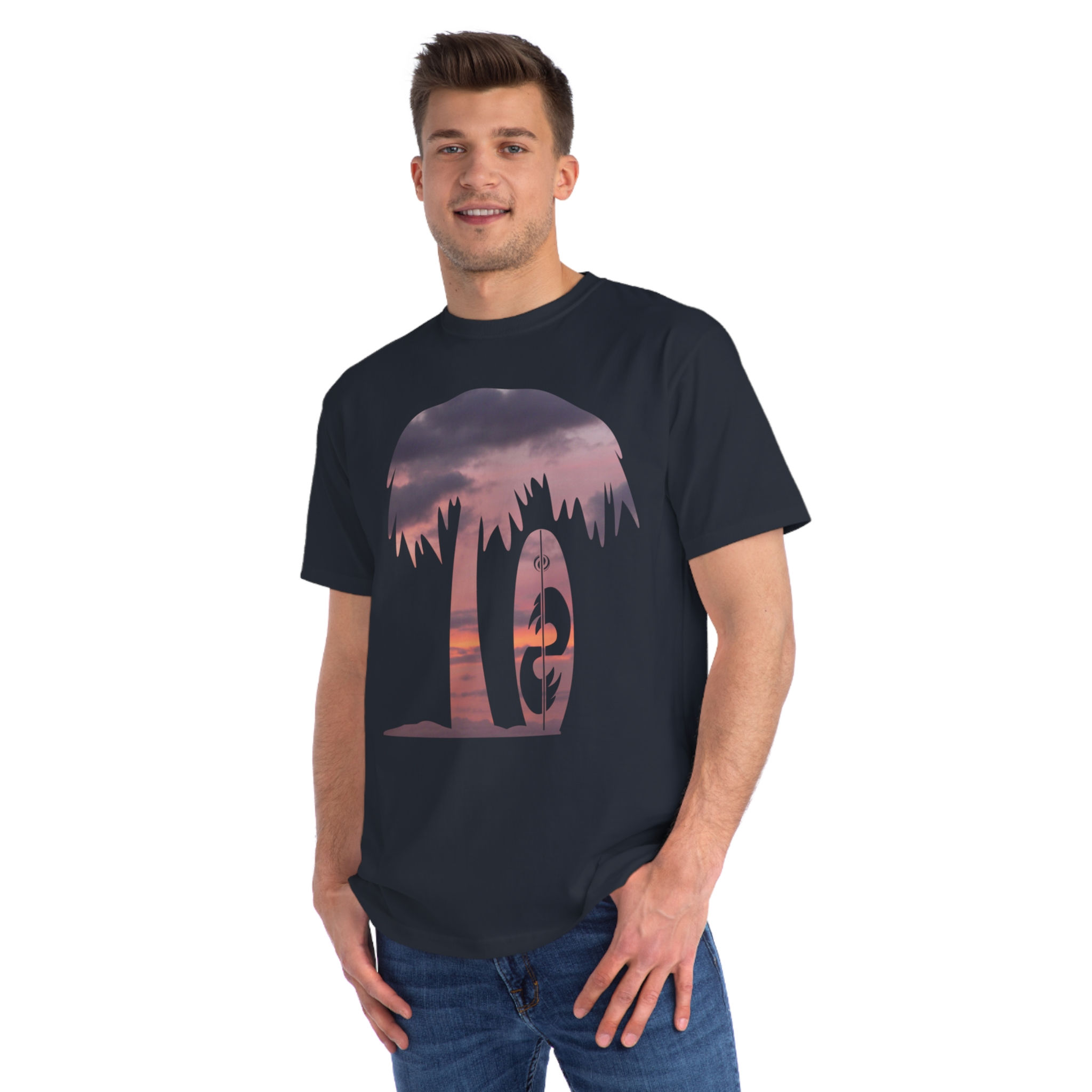 organic cotton unisex adult t-shirt with tropical summer surfboard graphic coloured by a photo of nature