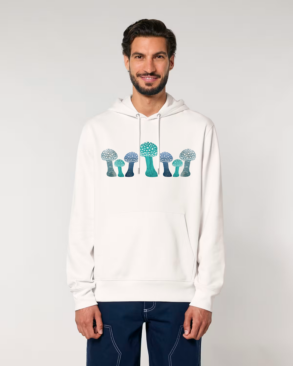 Thumbnail: Organic cotton adult hoodie with unique toadstool graphic coloured by photos of nature