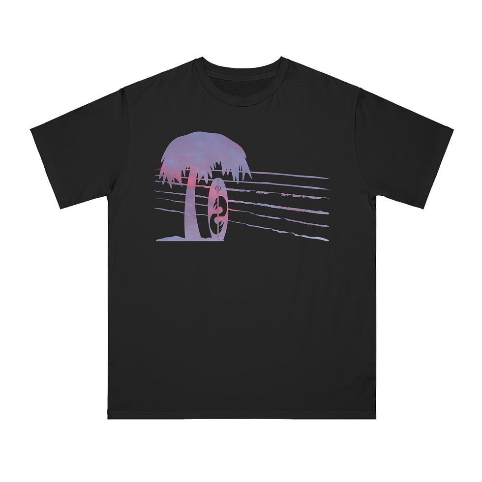 Thumbnail: organic cotton unisex adult t-shirt with tropical summer surfboard graphic coloured by a photo of nature