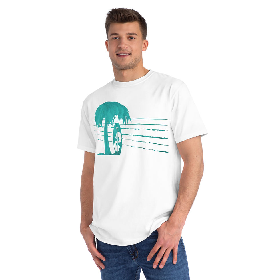 Thumbnail: organic cotton unisex adult t-shirt with tropical summer surfboard graphic coloured by a photo of nature