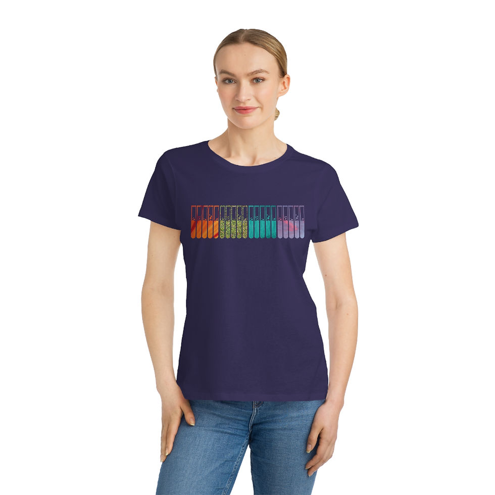 Thumbnail: organic cotton women's t-shirt with unique test tubes science graphic coloured by photos of nature