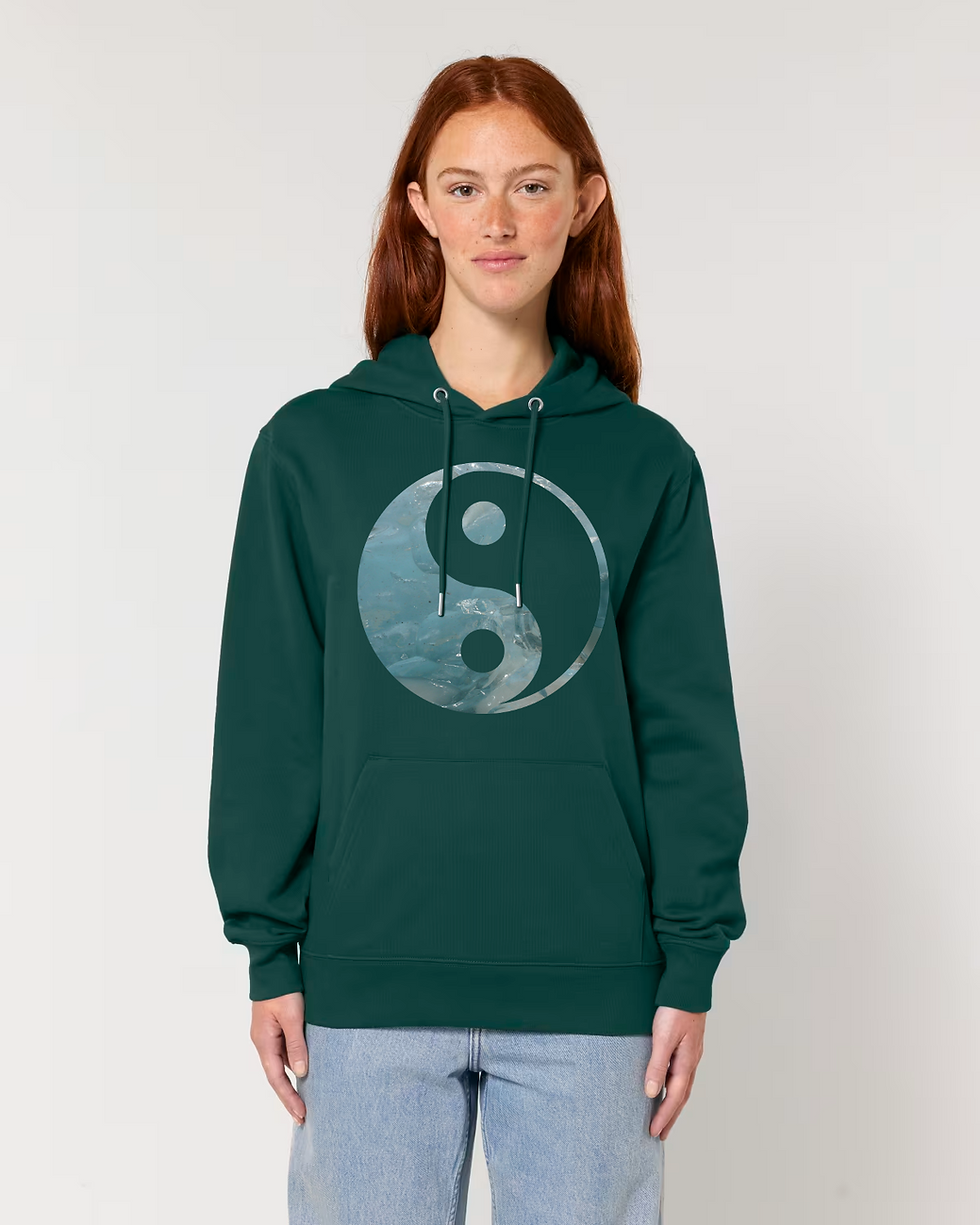 Thumbnail: organic cotton adult hoodie with Yin Yang graphic coloured by a photo of nature