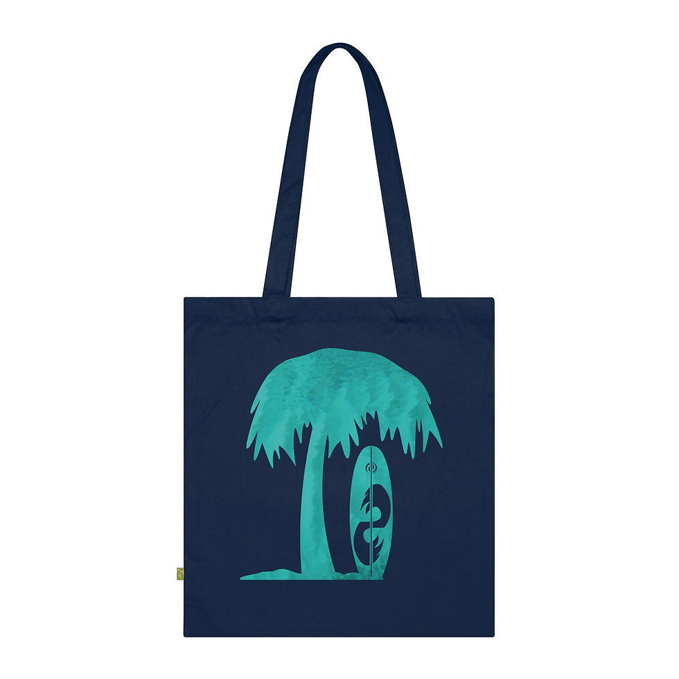 Thumbnail: organic cotton tote bag with vibrant surfboard & palm tree graphic coloured by a photo of nature