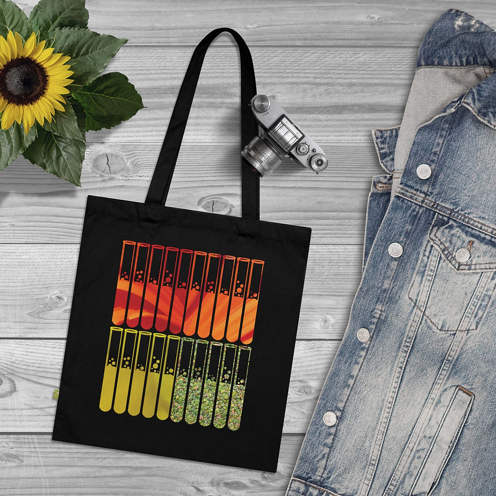 Thumbnail: organic cotton tote bag with vibrant test tubes science graphic coloured by real photos of nature