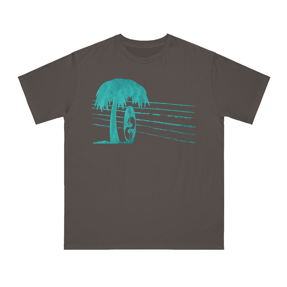 Thumbnail: organic cotton unisex adult t-shirt with tropical summer surfboard graphic coloured by a photo of nature