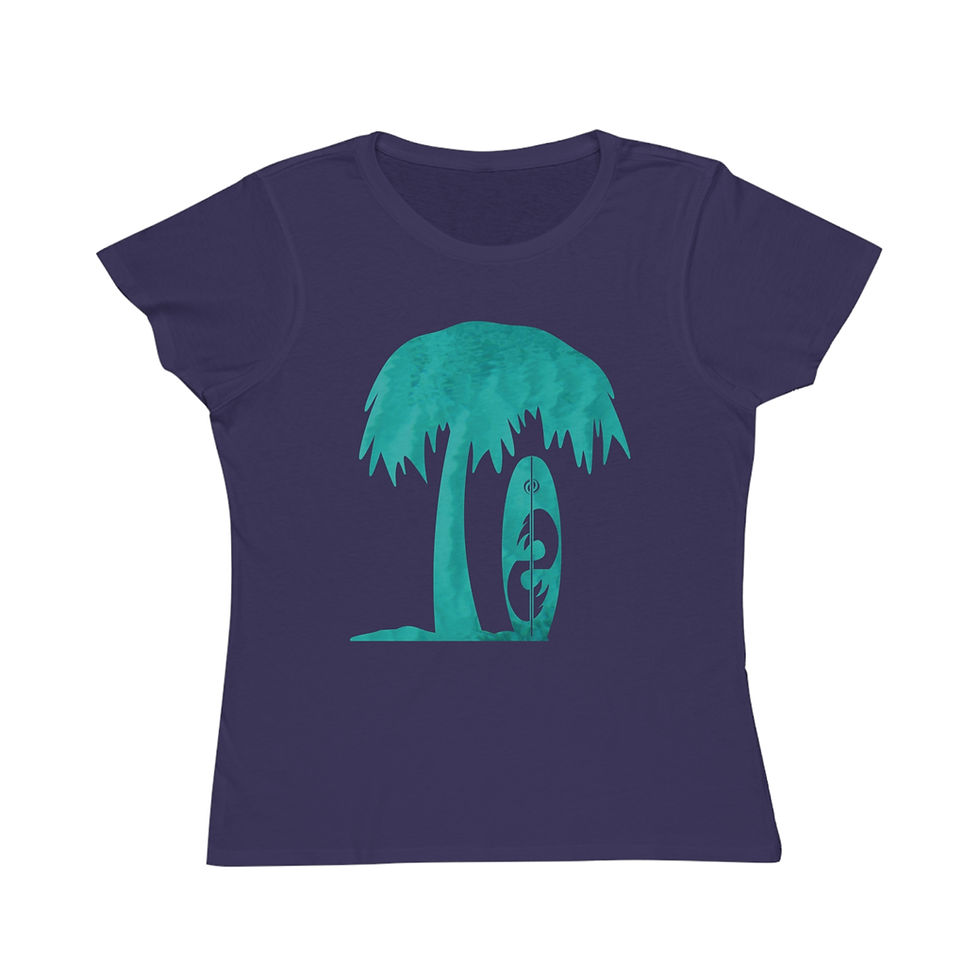 Thumbnail: organic cotton women's t-shirt with tropical summer surfboard graphic coloured by a photo of nature