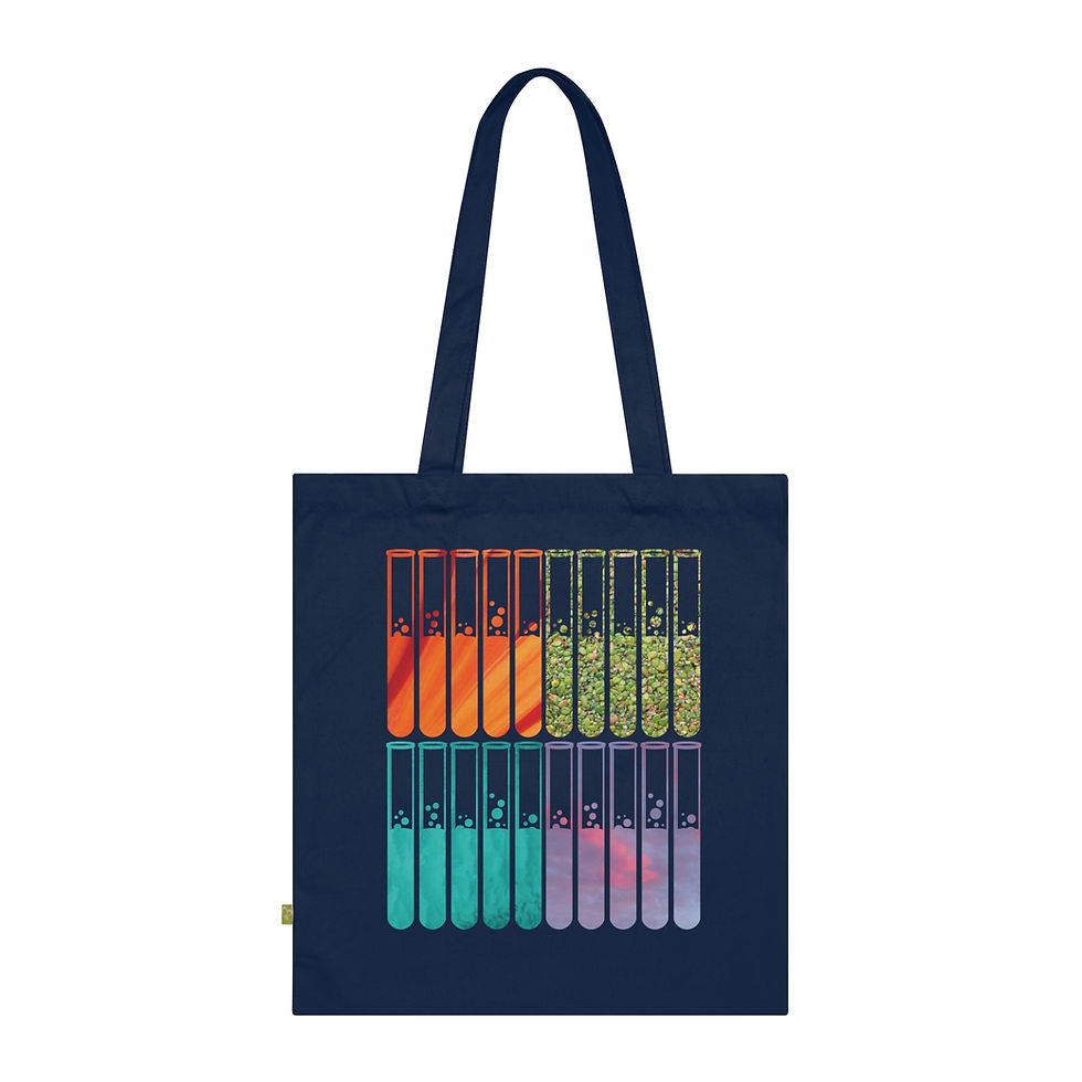 Thumbnail: organic cotton tote bag with vibrant test tubes science graphic coloured by real photos of nature