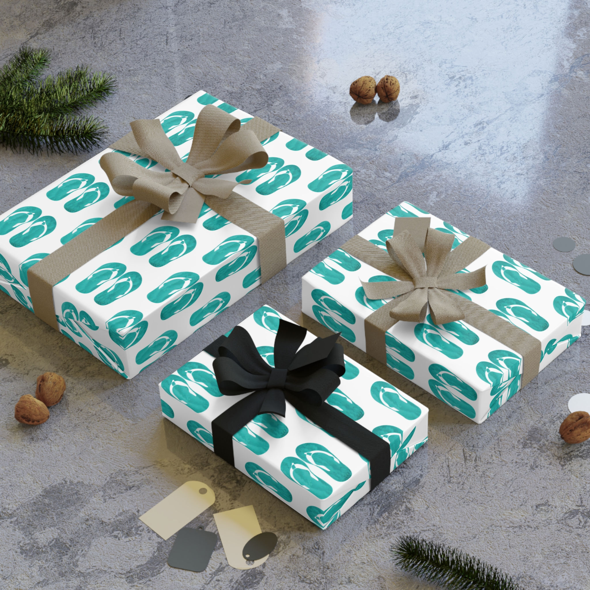 sustainably sourced premium gift wrap with jandals summer flip flops graphic by Nat-Ts