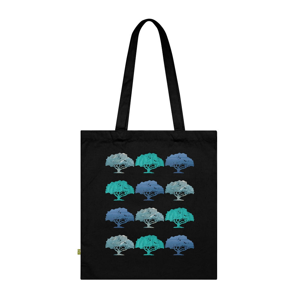 Thumbnail: organic cotton tote bag with unique winter forest graphic coloured by real photos of nature