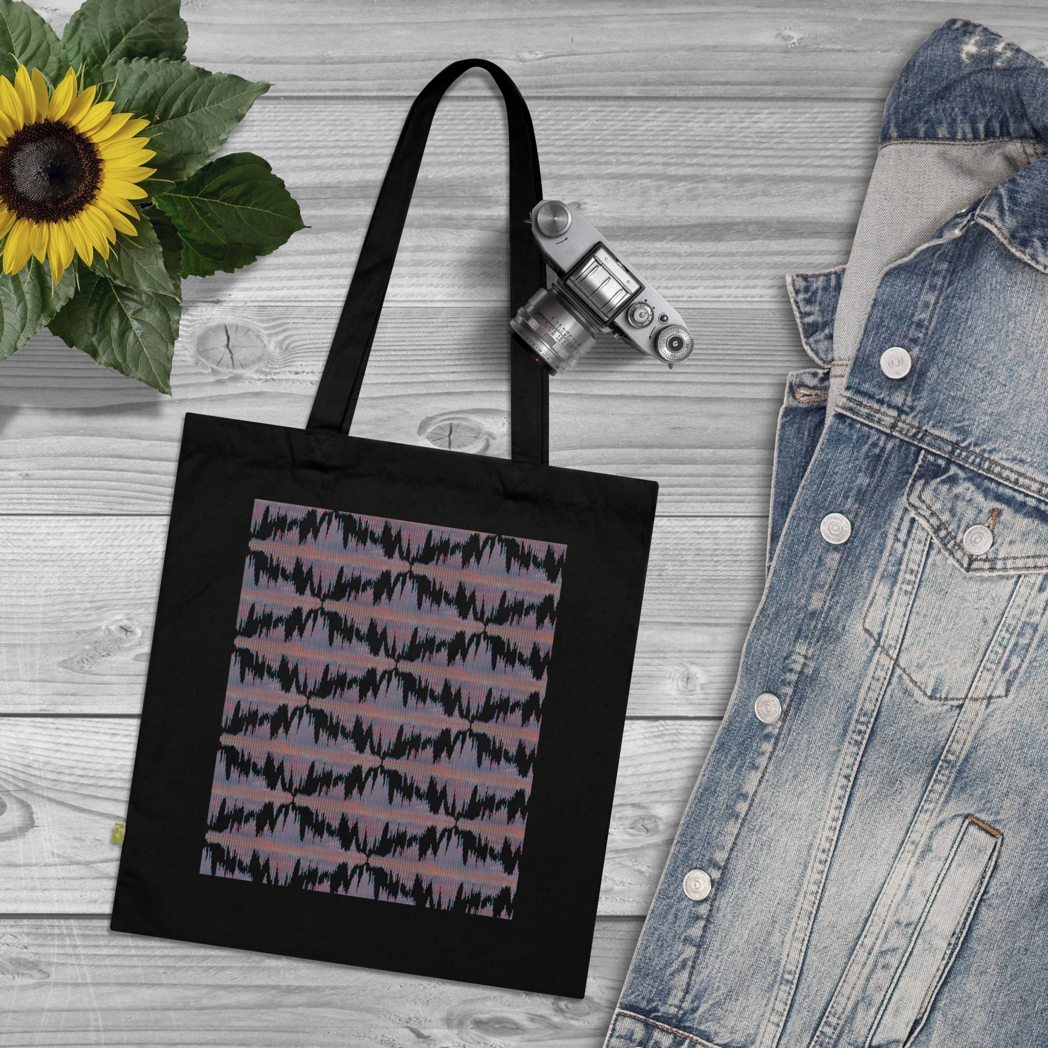organic cotton tote bag with soundwave music graphic coloured by real photos of nature