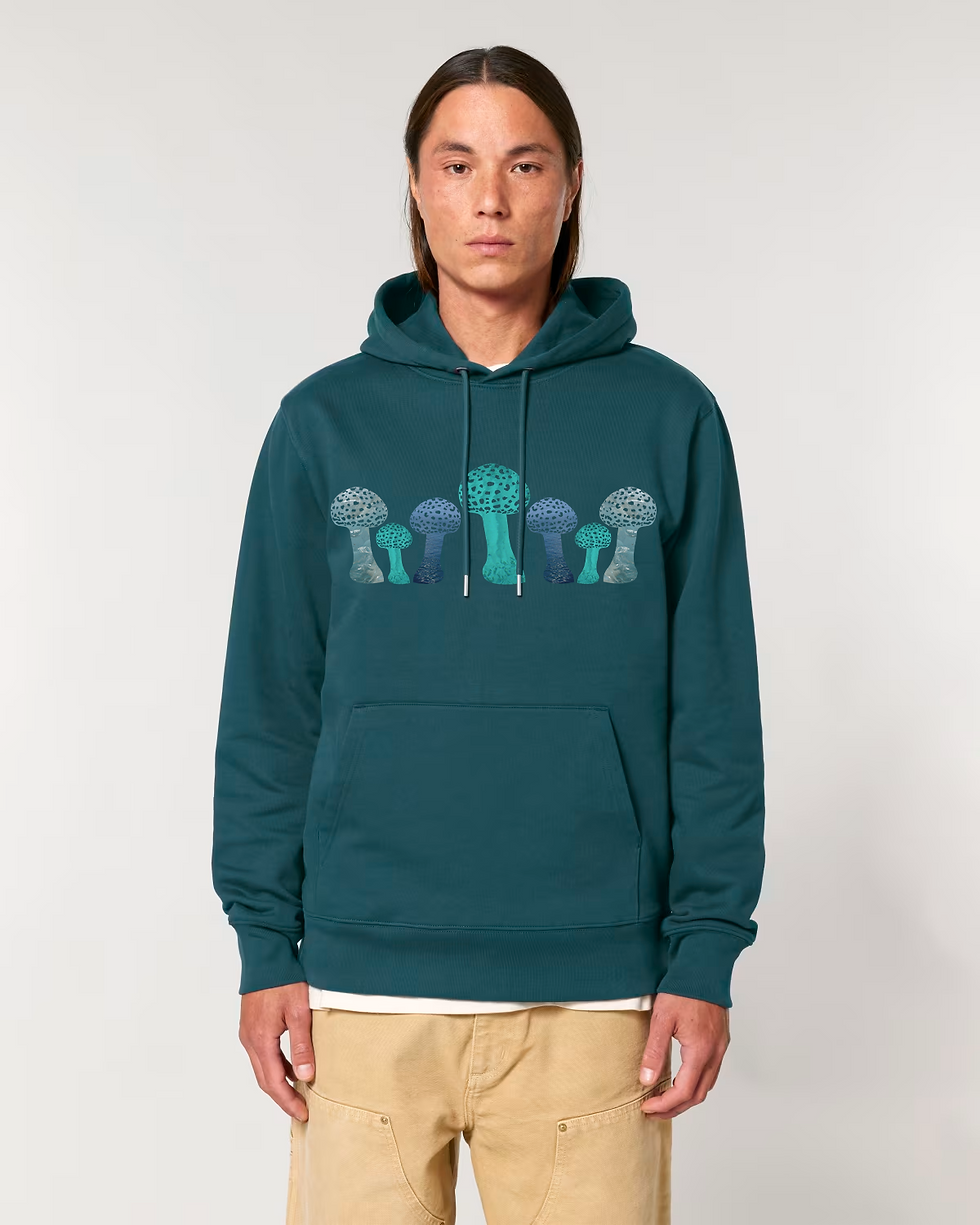 Thumbnail: Organic cotton adult hoodie with unique toadstool graphic coloured by photos of nature