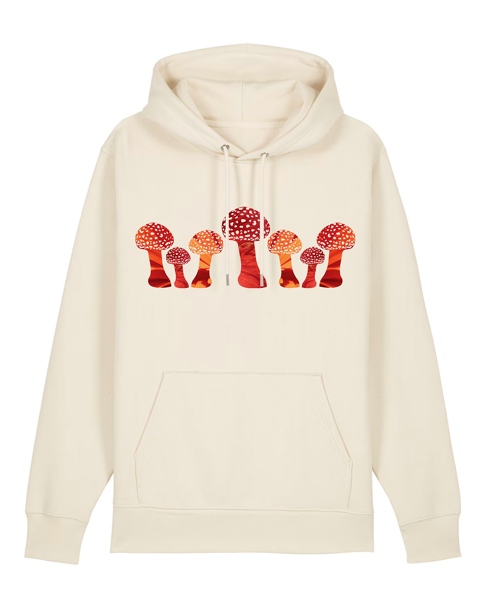 Thumbnail: Organic cotton adult hoodie with unique toadstool graphic coloured by photos of nature