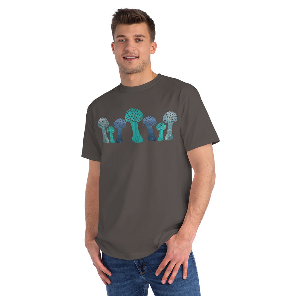 Thumbnail: organic cotton unisex adult t-shirt with vibrant toadstool design coloured by authentic photos of nature