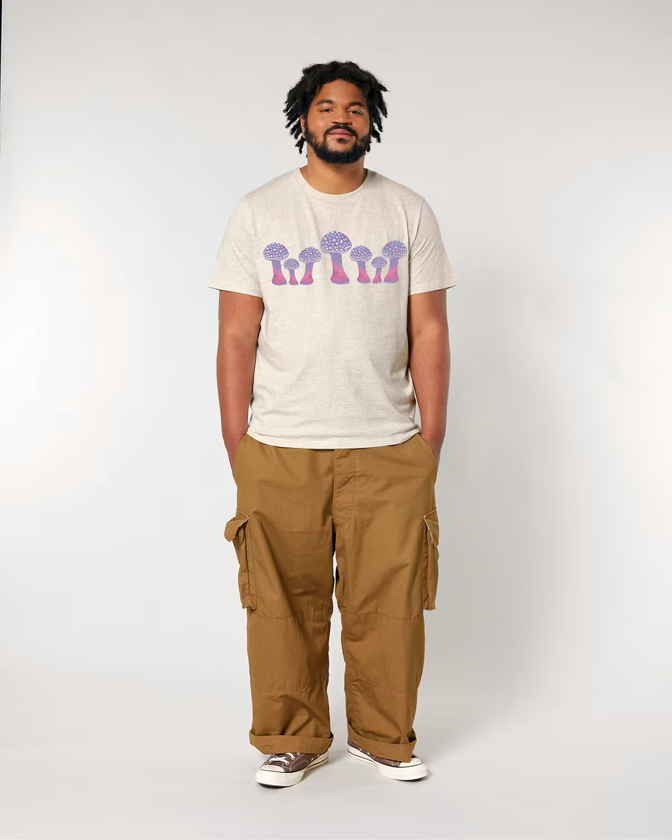 Thumbnail: Organic cotton adult t-shirt with toadstool graphics coloured by photos of nature
