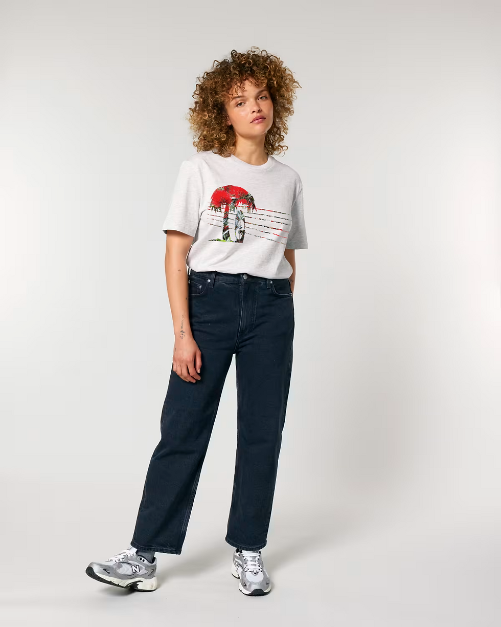 Thumbnail: Organic cotton adult t-shirt with surfboard & palm tree tropical summer graphics coloured by photos of nature