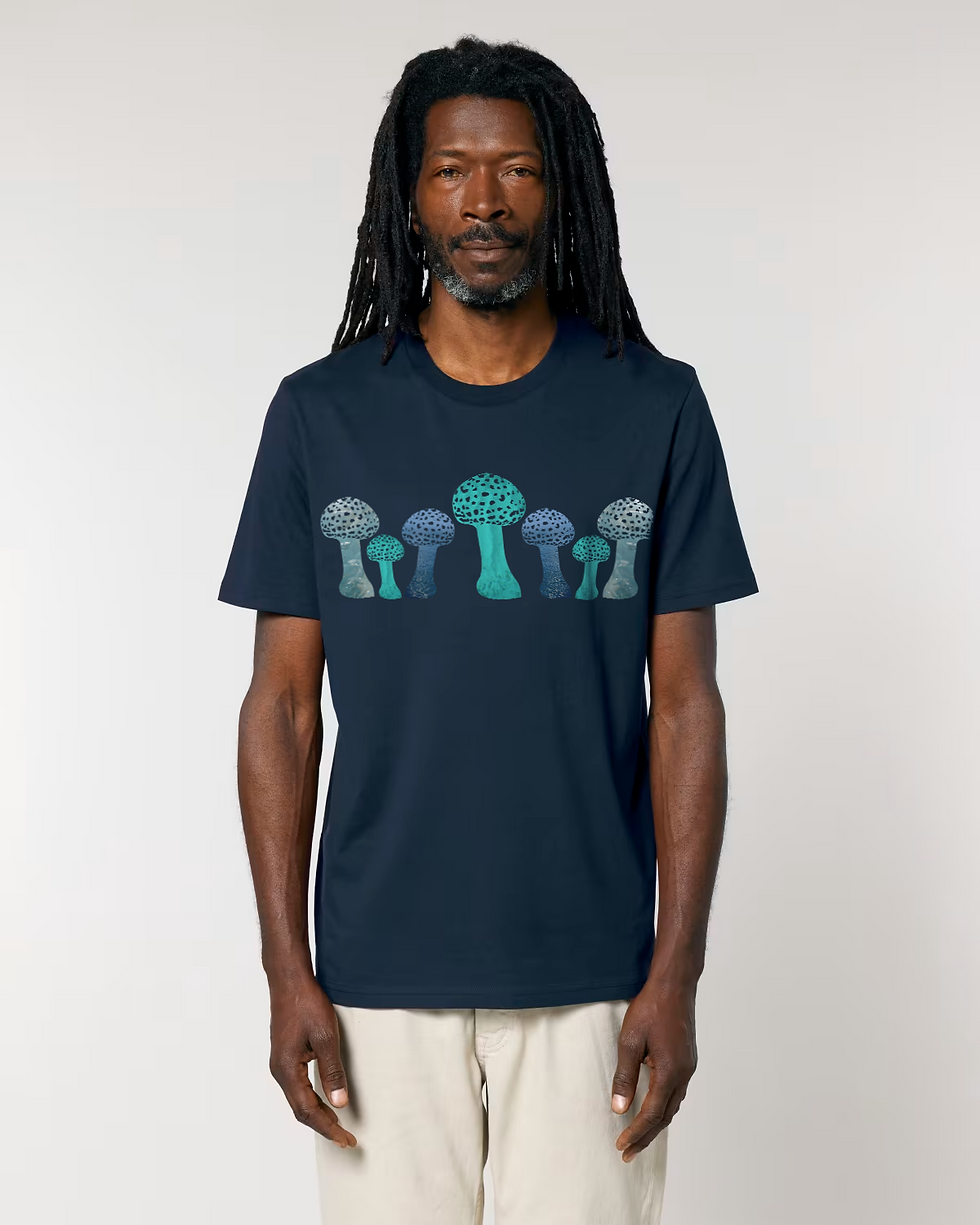 Organic cotton adult t-shirt with toadstool graphics coloured by photos of nature