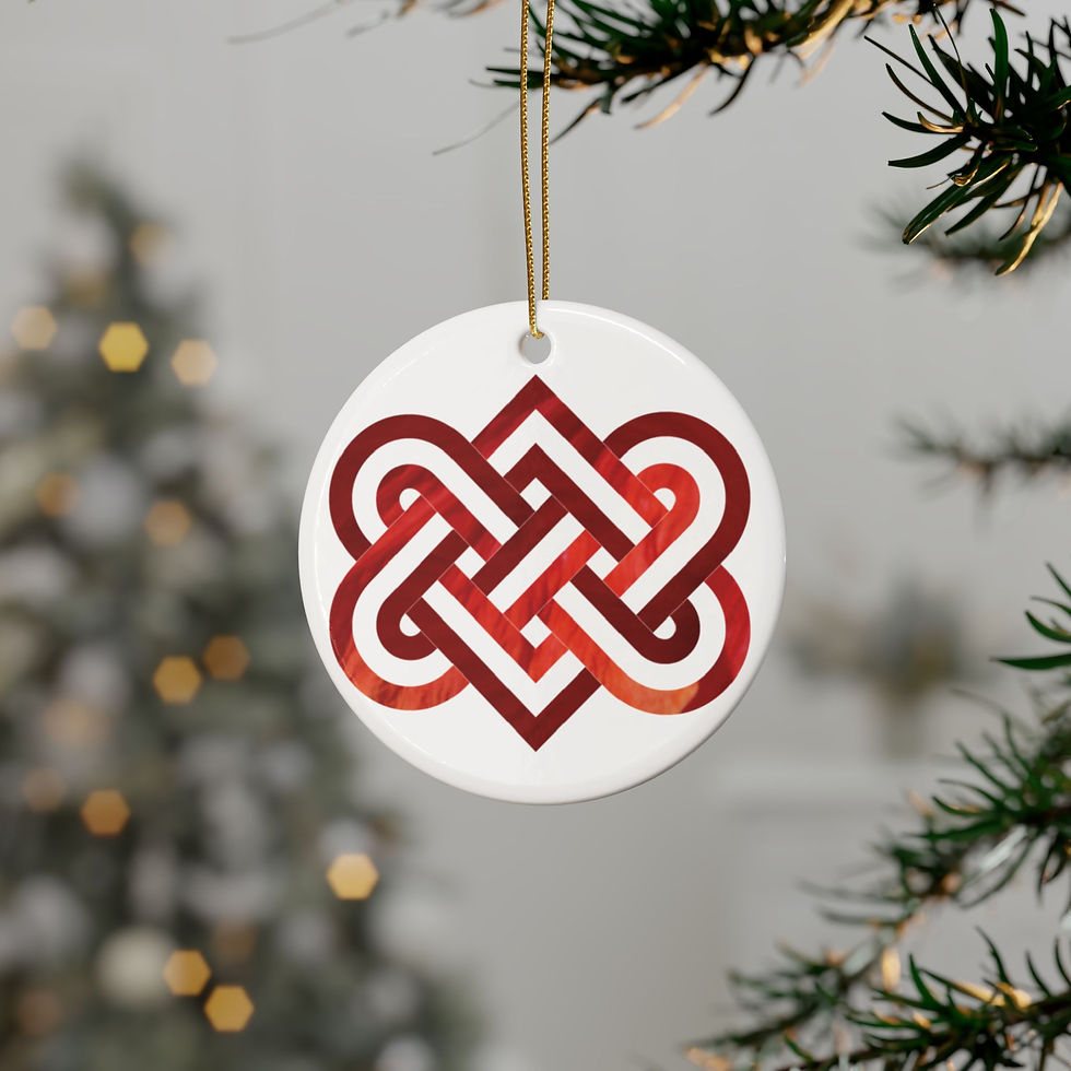 Thumbnail: eco-friendly ceramic hanging ornaments with a Celtic-inspired knot of entwined hearts, by Nat-Ts