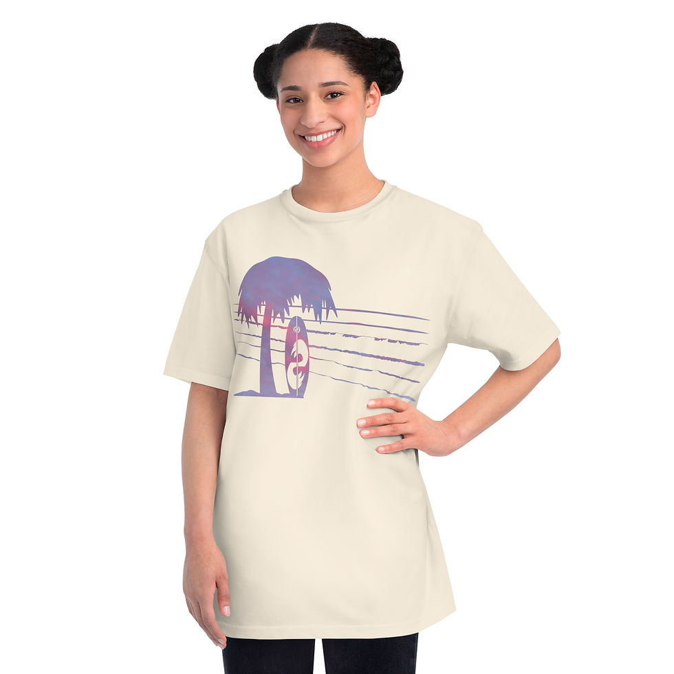 Thumbnail: organic cotton unisex adult t-shirt with tropical summer surfboard graphic coloured by a photo of nature