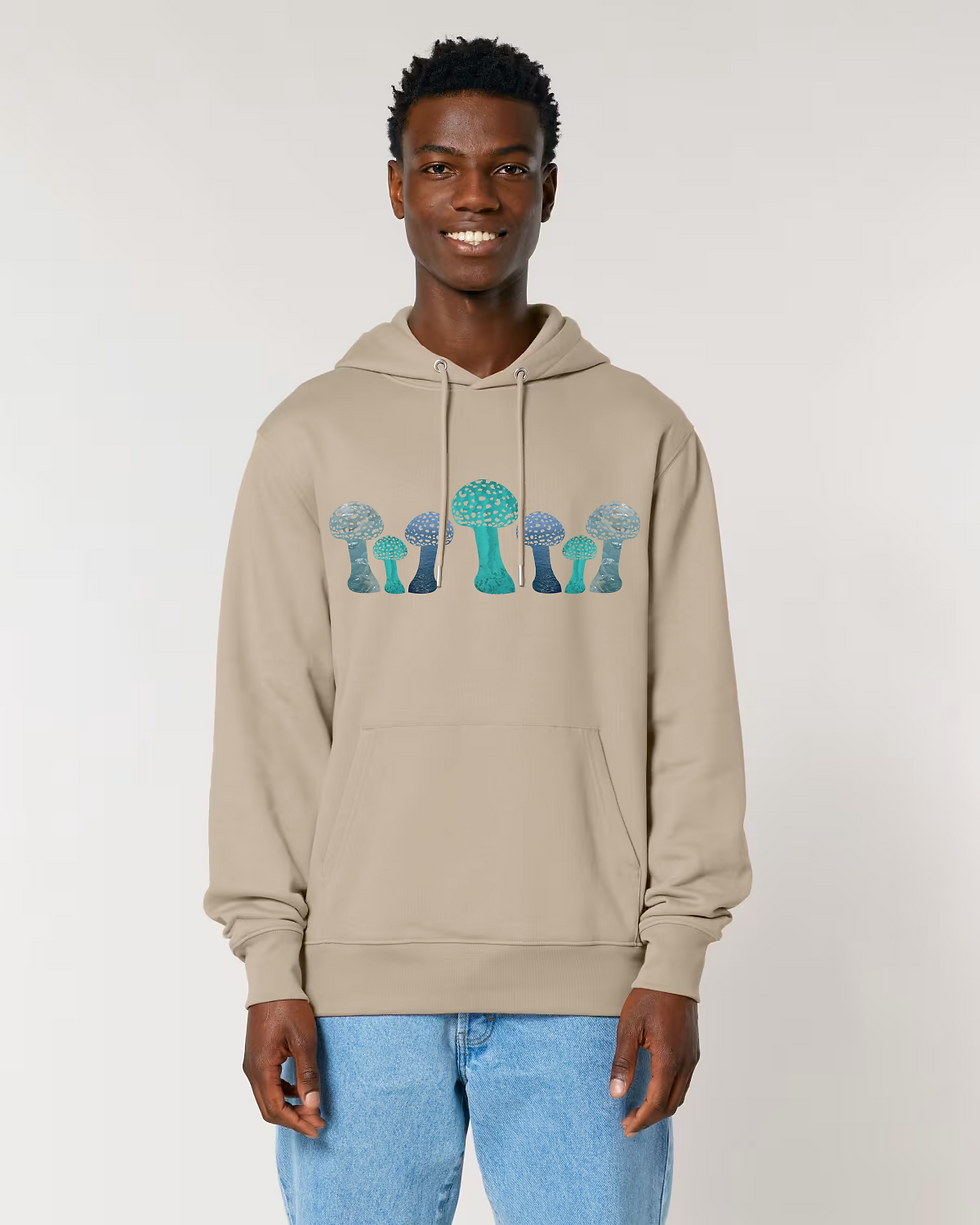 Thumbnail: Organic cotton adult hoodie with unique toadstool graphic coloured by photos of nature