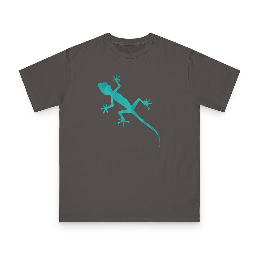 Thumbnail: organic cotton unisex adult t-shirt with adorable gecko graphic coloured by an unfiltered photo of nature