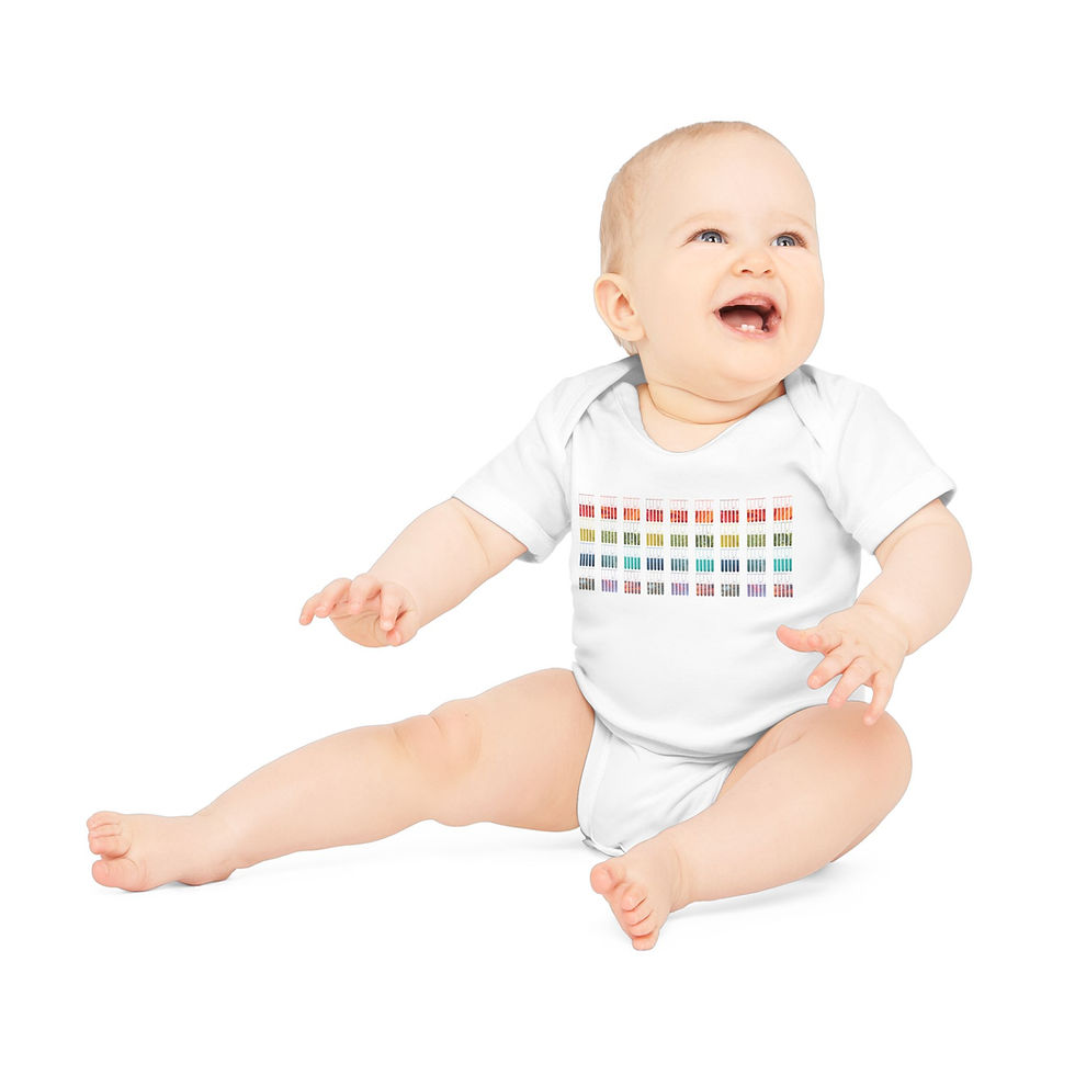 Thumbnail: organic cotton baby body suit with test tubes science graphic coloured by photos of nature