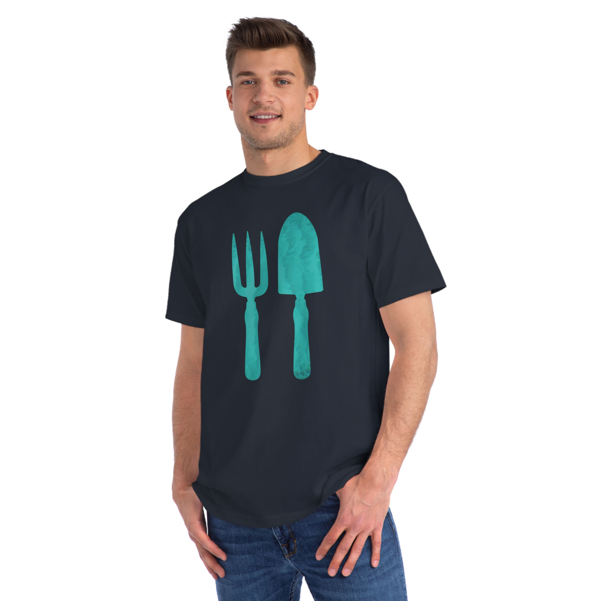 adult unisex organic cotton t shirt with gardening tools graphic by Nat-Ts