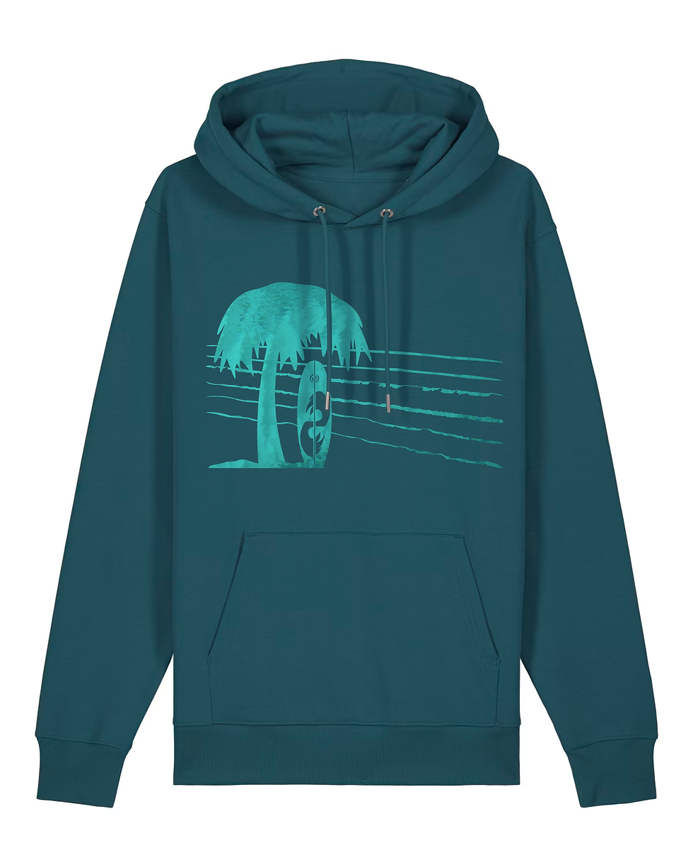 Thumbnail: Organic cotton adult hoodie with Surfboard & Palm Tree tropical summer graphic coloured by a photo of nature