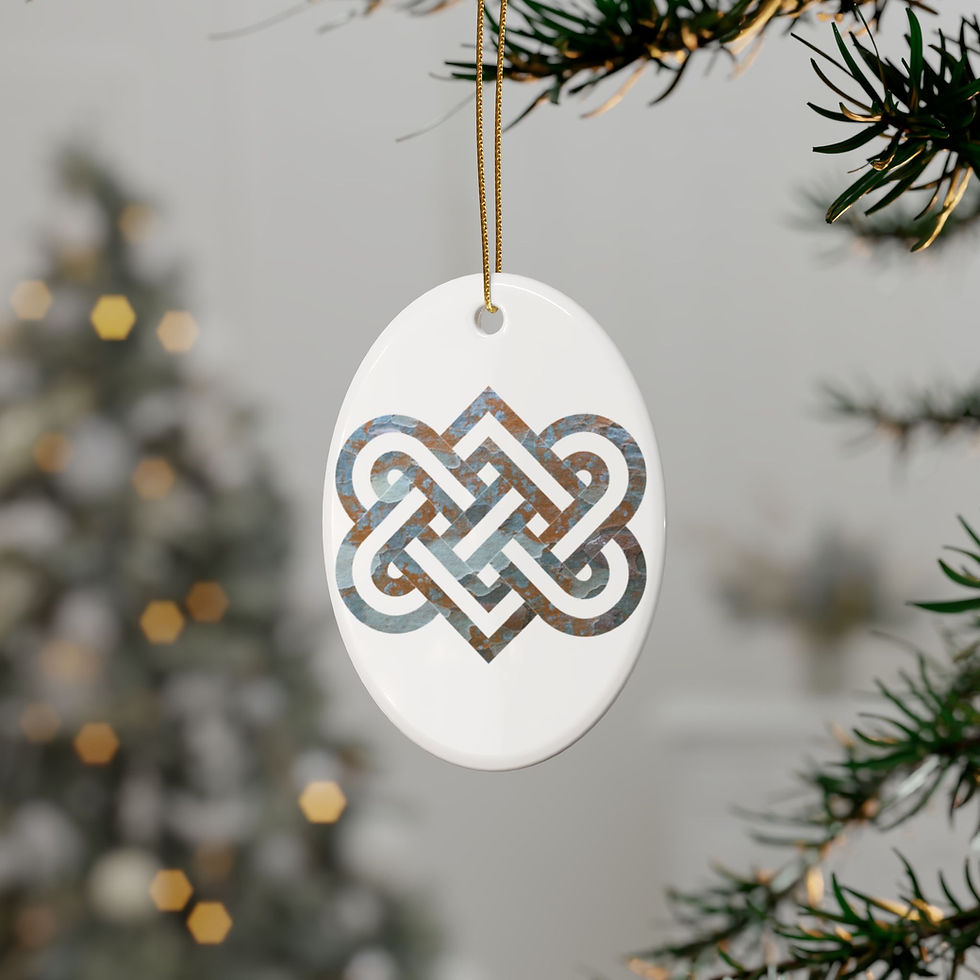 Thumbnail: eco-friendly ceramic hanging ornaments with a Celtic-inspired knot of entwined hearts, by Nat-Ts