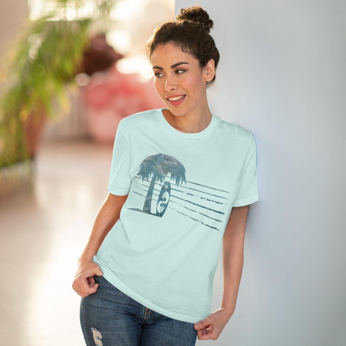 organic adult unisex t shirt with surfboard and palm tree design by Nat-Ts