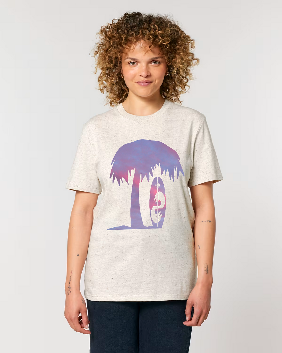 Thumbnail: Organic cotton adult t-shirt with surfboard & palm tree tropical summer graphics coloured by photos of nature