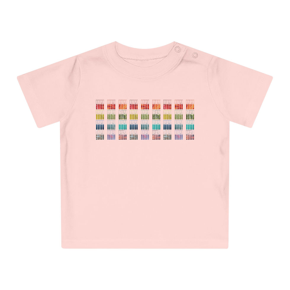 organic cotton baby t-shirt with test tubes science graphic coloured by photos of nature